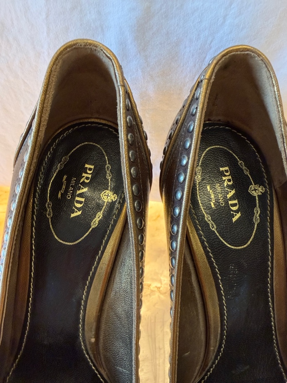 Prada Brown Studded Pointed Leather Pumps - Picture 6 of 9